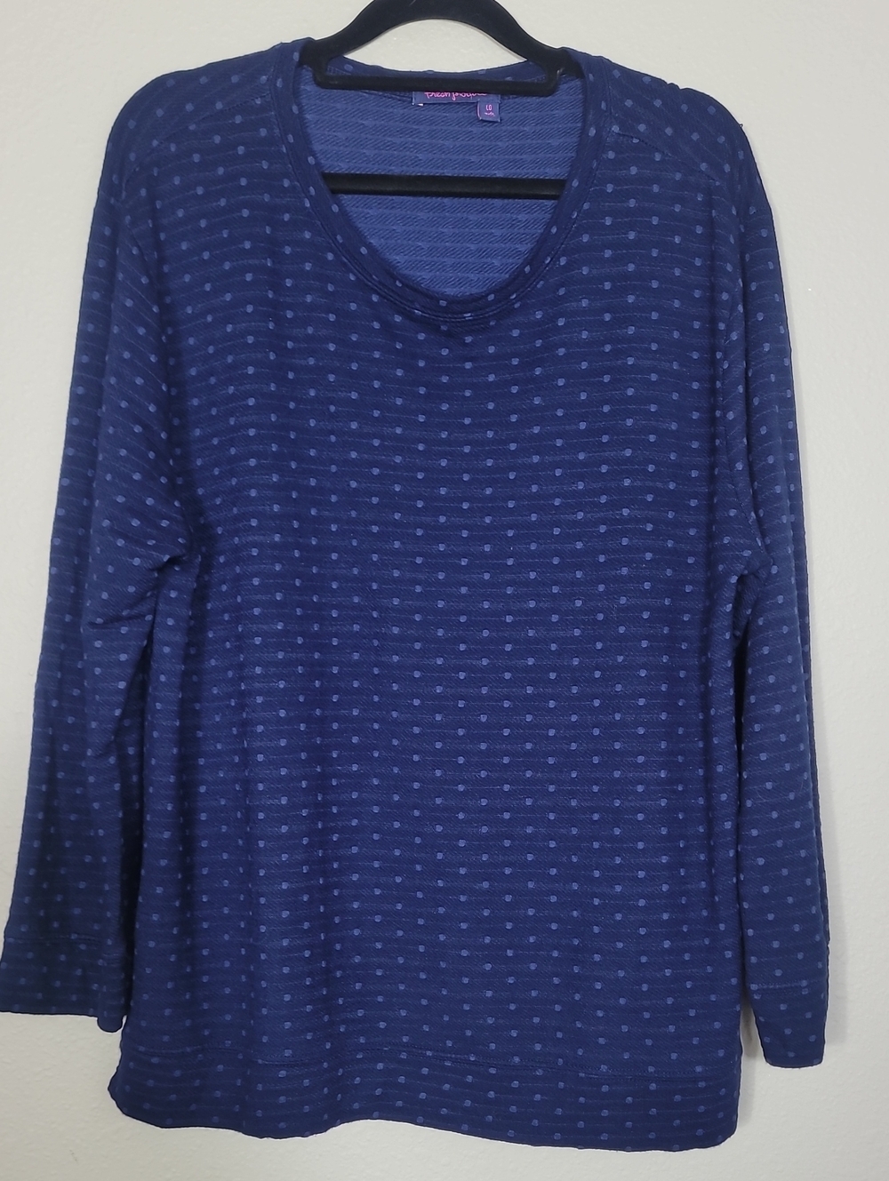 Fresh Produce Dotted Stretch Knit Pullover Top Size Large Navy Blue Travel USA